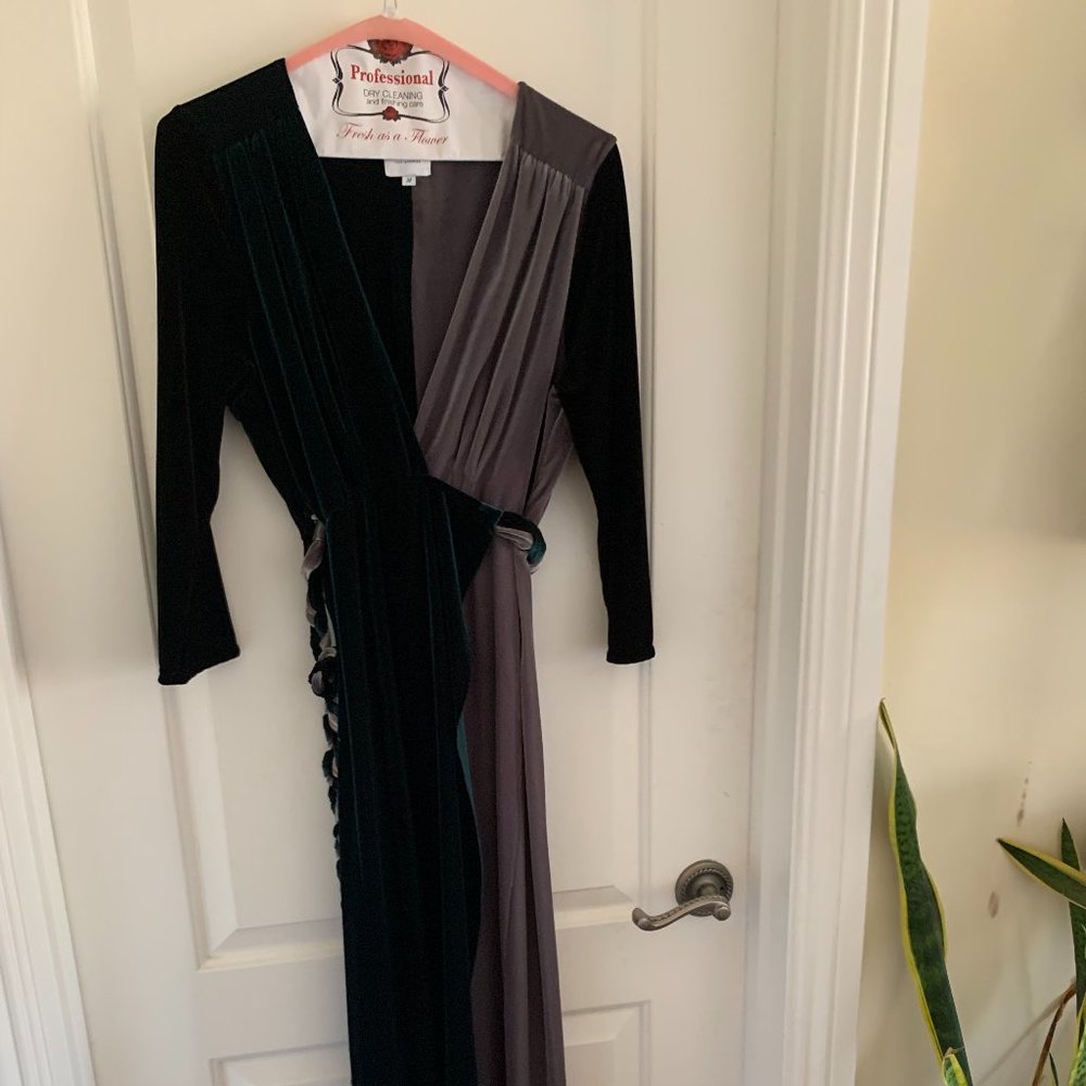 misa silver green and black wrap dress with rope